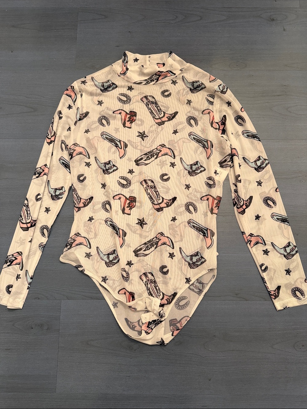 Amazon Women's White Long Sleeve Bodysuit with Pink and Black Western Print